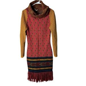 Y2K wool mixed pattern paisley turtleneck midi dress with fringe clown core